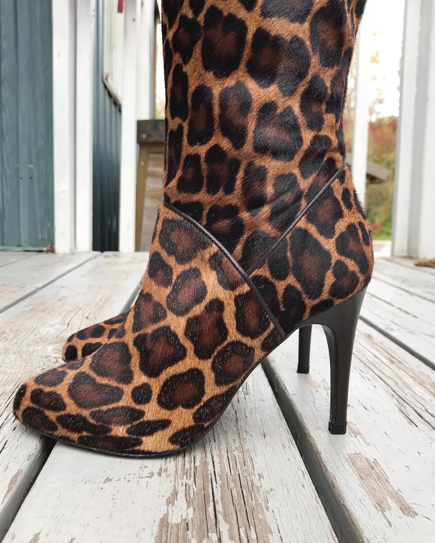 MAX DE CARLO Leopard Print Calf Hair Knee-high Leather Boots