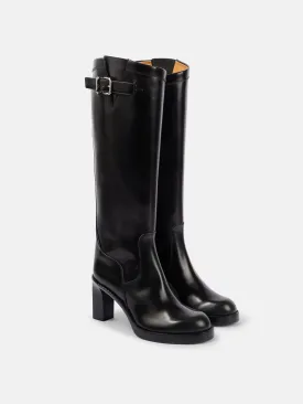 Polished leather knee-high boots